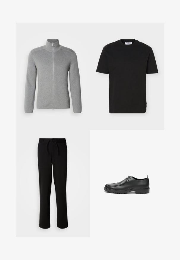 Grå zip-up sweater med høj krave, ribbet tekstur, lange ærmer og lige snit. Har en metal lynlås og subtile stikninger.; Sort, kortærmet T-shirt med rund hals og en lille mærkeetiket på nederste sidesøm.; Sorte sweatpants med snor i taljen, lavet af blødt og strækbart stof. Har en afslappet pasform med lige ben og uden synlige lommer.; Sorte lædersko med en glat overflade, rund tå og dekorativ stikning. Har en gummisål med skridsikre spor og snørebåndsdesign.