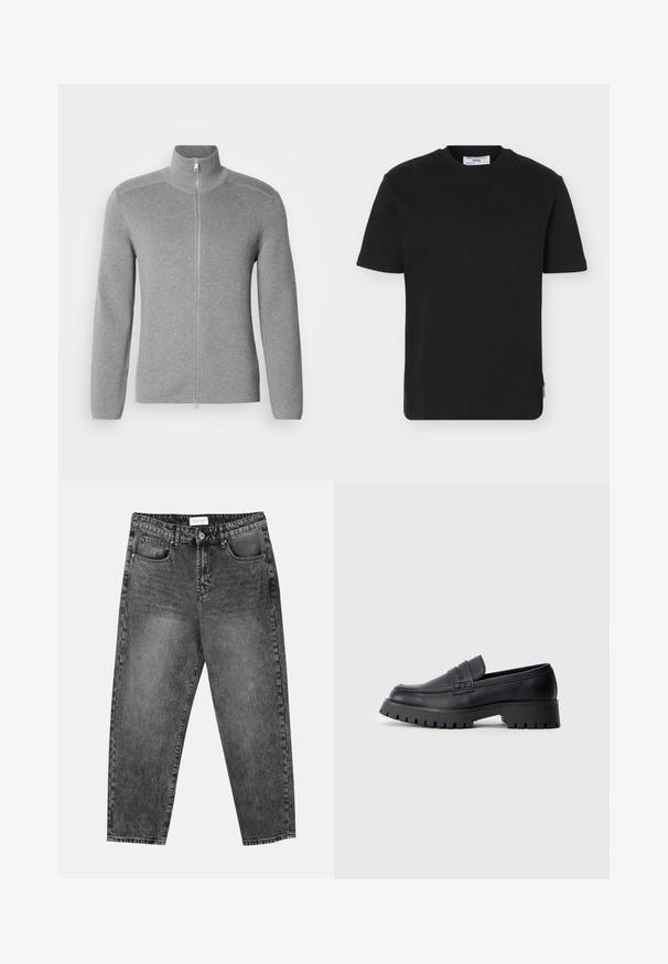 Sweat à fermeture éclair gris avec col montant, texture côtelée, manches longues et coupe droite. Doté d'une fermeture éclair en métal et de détails de couture subtils.; T-shirt noir uni à manches courtes et col rond, avec une petite étiquette de marque sur l'ourlet latéral inférieur.; Jean noir délavé à jambe droite avec poches avant et arrière, passants de ceinture et bouton de fermeture à la taille.; Mocassins en cuir noir avec un bout arrondi, présentant une sangle décorative et une semelle en caoutchouc épaisse avec de profonds crampons pour une meilleure adhérence.
