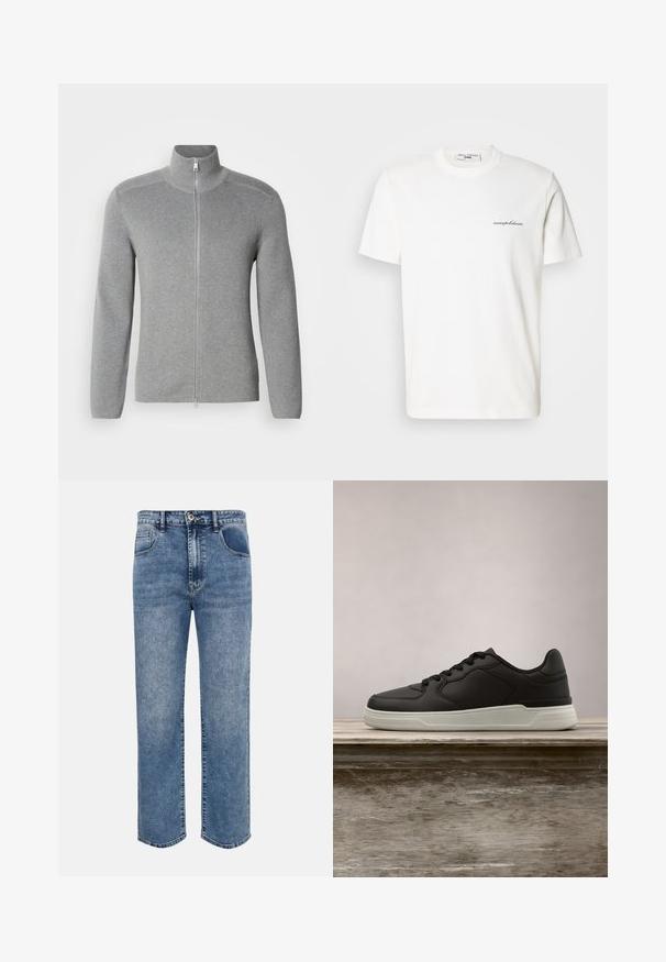 Sweat à fermeture éclair gris avec col montant, texture côtelée, manches longues et coupe droite. Doté d'une fermeture éclair en métal et de détails de couture subtils.; T-shirt en coton blanc avec un col rond et des manches courtes. Présente un petit texte de logo noir sur le côté gauche de la poitrine.; Jeans en denim bleu coupe droite avec poches avant, passants pour ceinture, fermeture par bouton et délavage effet usé.; Baskets noires avec semelle blanche suspendues au-dessus d'un banc en bois, avec un feuillage vert en arrière-plan flou.