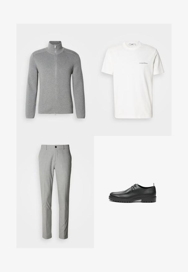 Sweat à fermeture éclair gris avec col montant, texture côtelée, manches longues et coupe droite. Doté d'une fermeture éclair en métal et de détails de couture subtils.; T-shirt en coton blanc avec un col rond et des manches courtes. Présente un petit texte de logo noir sur le côté gauche de la poitrine.; Pantalon gris clair en tissu texturé, avec une taille plate, deux poches latérales et une fermeture à bouton unique. Coupe ajustée.; Chaussures en cuir noir avec une finition lisse, bout arrondi et coutures décoratives. Elles possèdent une semelle en caoutchouc avec des rainures de traction et un laçage.