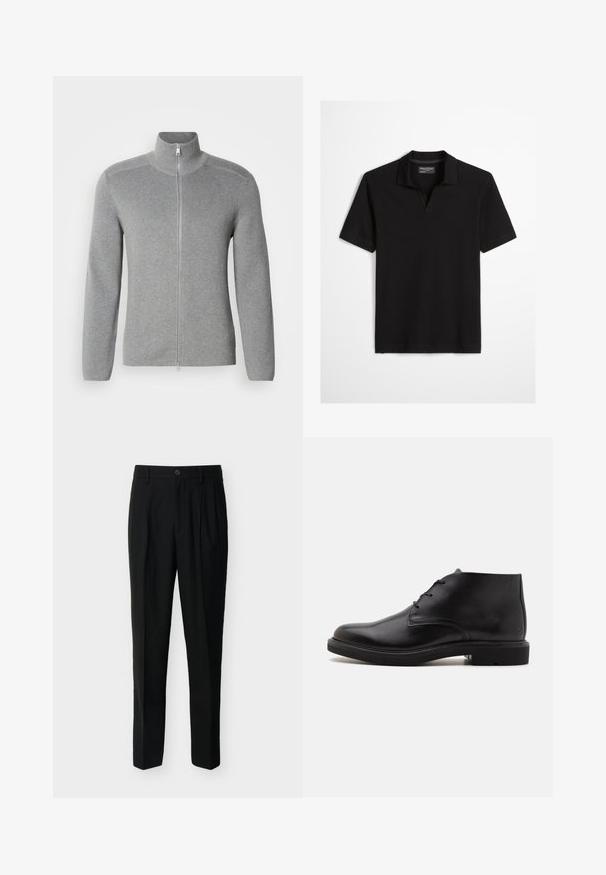 Grijze ritstrui met hoge kraag, ribbeltextuur, lange mouwen en een rechte snit. Beschikt over een metalen rits en subtiele stikdetails.; Zwart poloshirt met korte mouwen, kraag en sleutelgat-halslijn, label met de tekst "Marc O'Polo Regular Fit," getoond op een witte achtergrond.; Zwarte, op maat gemaakte, high-waist broek met riemlussen, plooien aan de voorkant, zijzakken en een knoop- en ritssluiting.; Zwarte leren enkellaars met drie veterogen, een afgeronde neus en platte zool op een effen lichte achtergrond.