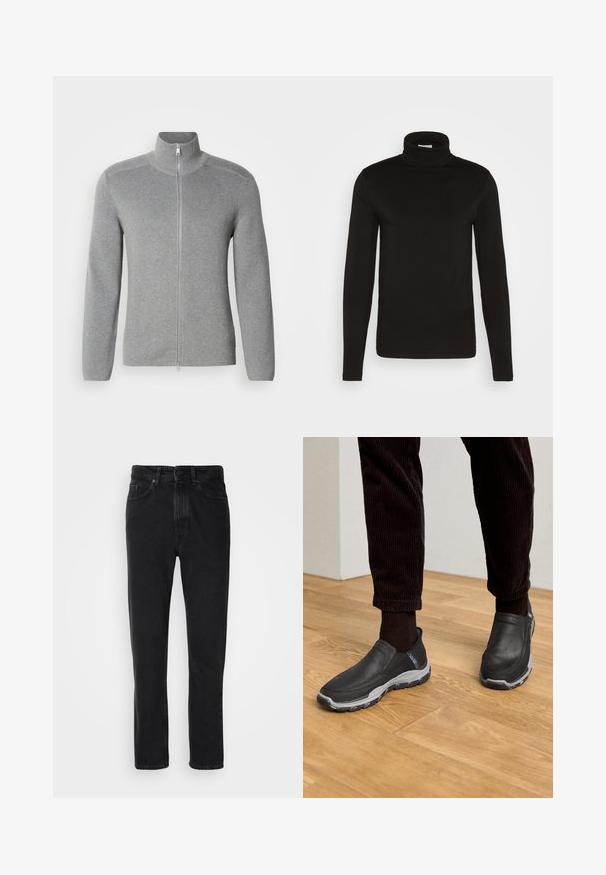 Grå zip-up sweater med høj krave, ribbet tekstur, lange ærmer og lige snit. Har en metal lynlås og subtile stikninger.; Sort turtleneck langærmet skjorte lavet af et glat stof med en tætsiddende design og en høj, tætsiddende krave. Ingen mønstre eller accenter synlige.; Sorte denim jeans med lige ben-design, med knap- og lynlåslukning, forlommer og subtile teksturer.; Sorte slip-on sko med strukturerede læderoverdele og en grå gummi sål, placeret på et trægulv og med fløjlsshorts.