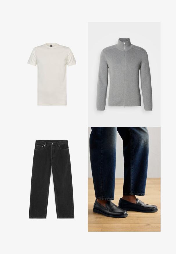 Grijze ritstrui met hoge kraag, ribbeltextuur, lange mouwen en een rechte snit. Beschikt over een metalen rits en subtiele stikdetails.; Crewneck t-shirt met korte mouwen in off-white katoen. Heeft een gladde textuur, standaard pasvorm en een minimalistisch ontwerp zonder patronen.; Zwarte spijkerbroek met rechte pijpen, voor- en achterzakken, riemlussen en een knoopsluiting in de taille.; Zwarte leren instappers met gestikte details en textuurelementen, gedragen met donkerdenim, die een casual en gestroomlijnd ontwerp tonen.