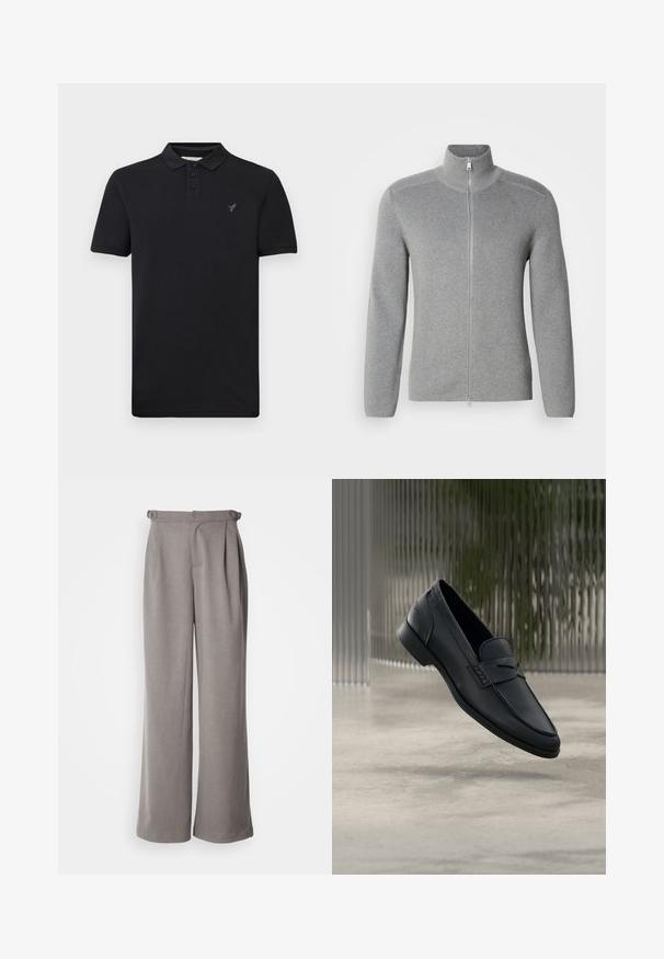 Sweat à fermeture éclair gris avec col montant, texture côtelée, manches longues et coupe droite. Doté d'une fermeture éclair en métal et de détails de couture subtils.; Polo noir à manches courtes avec trois boutons, col et petit logo brodé sur le côté gauche de la poitrine, présenté sur un fond uni.; Pantalons larges gris clair en tissu tissé. Comprend des plis à la taille et des passants pour ceinture. Texture lisse et design à longueur complète.; Mocassin en cuir noir à finition lisse, bout pointu et détails cousus sur le dessus. Talon bas et design minimaliste.