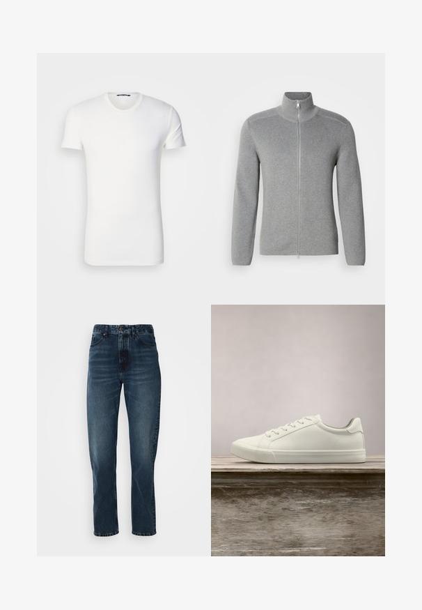 Grå zip-up sweater med høj krave, ribbet tekstur, lange ærmer og lige snit. Har en metal lynlås og subtile stikninger.; Hvid bomulds T-shirt med korte ærmer, rund halsudskæring og broderet logo på brystet. Glat tekstur og tætsiddende design.; Mørkeblå lige bukser med frontknap og lynlås, fem-lomme design og subtil fading på lår og knæ.; Hvide snørresneakers svævende over en træbænk med grønne planter i baggrunden, der fremhæver skodesign og tekstur.