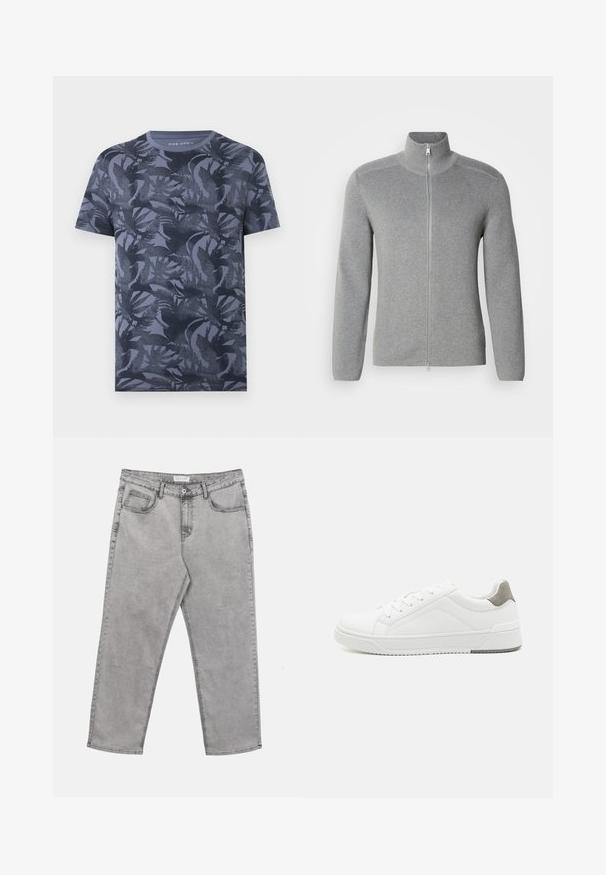 Sweat à fermeture éclair gris avec col montant, texture côtelée, manches longues et coupe droite. Doté d'une fermeture éclair en métal et de détails de couture subtils.; T-shirt homme manches courtes col rond bleu foncé avec un motif discret de feuilles tropicales sur l'ensemble.; Jean en denim gris clair avec bouton et fermeture éclair à l'avant, passants pour ceinture et cinq poches, posé à plat sur un fond blanc.; Basket blanche en cuir lisse, à bout arrondi, design minimaliste, accent de talon gris et semelle en caoutchouc texturé.