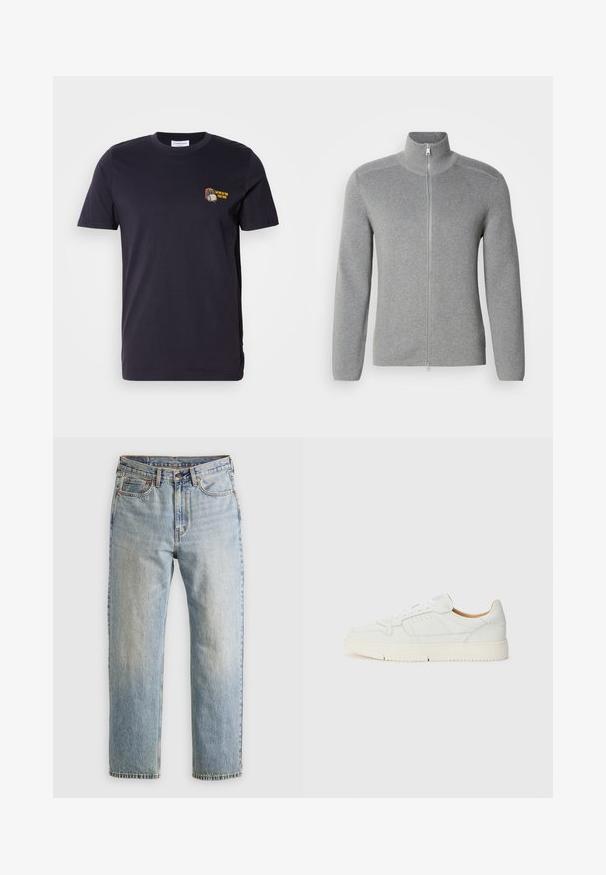 Grå zip-up sweater med høj krave, ribbet tekstur, lange ærmer og lige snit. Har en metal lynlås og subtile stikninger.; Mørkeblå bomuld t-shirt med korte ærmer og rund hals. Indeholder et lille broderet design med tekst på venstre brystområde.; Lysblå denim jeans med høj talje, frontknap, lynlås og fem-lomme design, lagt fladt på en neutral baggrund.; Hvide lædersneakers med en struktureret overflade, rund tå og perforerede detaljer. Har hvide snørebånd og en lys beige gummisål.