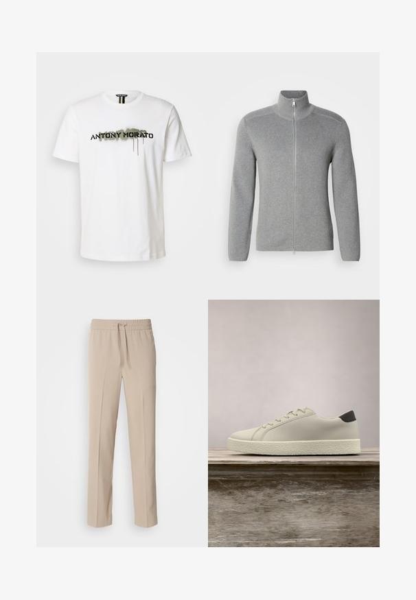 Sudadera gris con cremallera y cuello alto, textura acanalada, mangas largas y corte recto. Presenta una cremallera metálica y sutiles detalles de costura.; Camiseta de algodón blanca con un atrevido logo negro "ANTONY MORATO" y toques de pintura verde en spray, cuello redondo y mangas cortas.; Pantalones beige de corte relajado, hechos de una tela suave, con una cinturilla elástica y cordón ajustable, y piernas rectas con acentos mínimos.; Zapatilla blanca con suela texturizada y detalle negro en el talón, flotando sobre un banco de madera con hierba alta y verde de fondo.