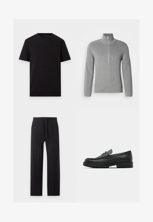 Sweat à fermeture éclair gris avec col montant, texture côtelée, manches longues et coupe droite. Doté d'une fermeture éclair en métal et de détails de couture subtils.; T-shirt noir à manches courtes avec col rond et ourlet droit, en tissu lisse, présenté sur fond blanc uni.; Pantalon de jogging noir à jambes droites avec ceinture élastique et cordon à l'avant sur un fond clair uni.; Mocassins en cuir noir à bout arrondi, avec un design cousu, une semelle plateforme basse et une semelle en caoutchouc texturée et crantée.