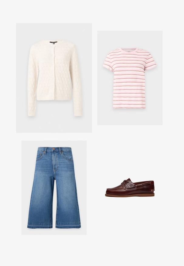 Kremfarvet strikket cardigan med rund hals, lange ærmer, tekstureret blomsterprint og forknapper på ensfarvet baggrund.; Lyserød og hvid T-shirt med korte ærmer og tynde horisontale brune striber, rund hals og afslappet pasform.; Blå denim shorts til knæet med forlommer og knaplukning på en ensfarvet lys baggrund.; Brun læder bådsko med snørre, syningsdetaljer og Timberland-logo på siden, vist på en hvid baggrund.