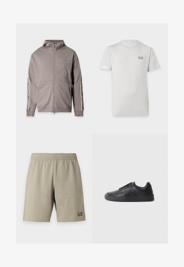 Veste marron clair à capuche avec fermeture éclair intégrale, poches avant et logo EA7 imprimé sur la poitrine et les manches.; T-shirt blanc manches courtes col rond avec petit logo noir EA7 Emporio Armani sur le côté gauche de la poitrine.; Shorts beige clair en tissu doux, avec une taille élastique et des poches latérales. Comprend un petit logo noir sur le bas de la jambe.; Chaussure de sport en cuir noir avec une finition lisse, bout arrondi, panneau latéral texturé et lacets noirs. Présente une semelle en caoutchouc plate et un design minimaliste.
