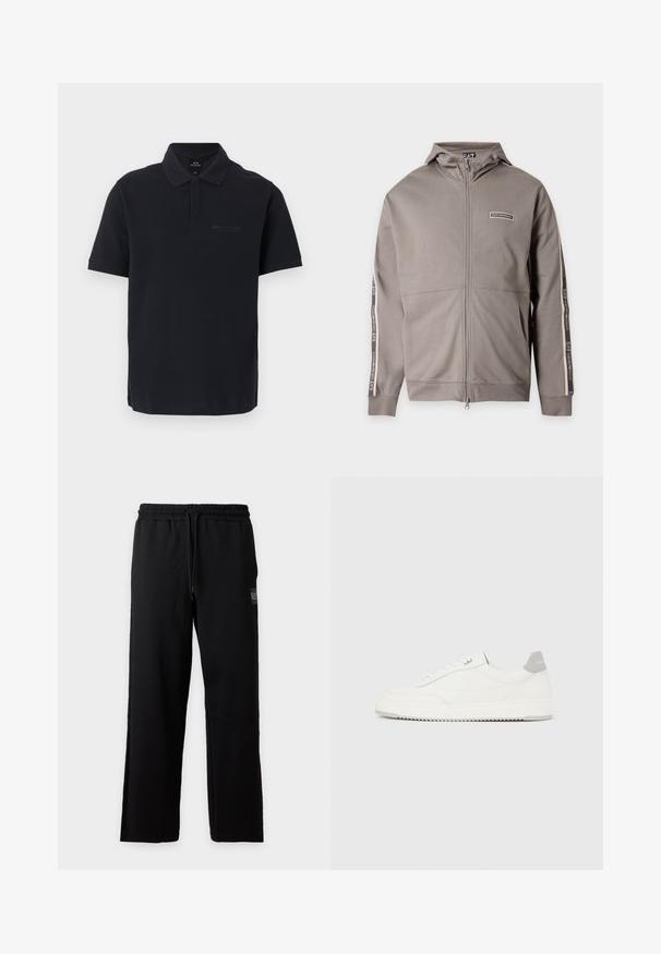 Veste marron clair à capuche avec fermeture éclair intégrale, poches avant et logo EA7 imprimé sur la poitrine et les manches.; Polo noir à manches courtes avec col et logo discret Armani Exchange sur le côté gauche de la poitrine.; Pantalon de survêtement noir coupe décontractée avec ceinture élastique et cordon, avec un petit patch logo sur la cuisse droite.; Baskets basses blanches avec un onglet de talon gris, des lacets blancs et une semelle texturée, présentées sur un fond uni clair.