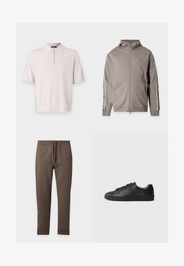 Veste marron clair à capuche avec fermeture éclair intégrale, poches avant et logo EA7 imprimé sur la poitrine et les manches.; Polo court beige clair à manches courtes avec un col zippé et un ourlet côtelé, fabriqué en tissu tricoté doux. Présente un design de col classique.; Pantalon de survêtement marron fuselé avec taille élastique et cordon, présenté à plat sur un fond clair.; Baskets basses en cuir noir avec surface texturée, lacets noirs et semelle en caoutchouc épaisse, présentées de côté sur un fond clair.
