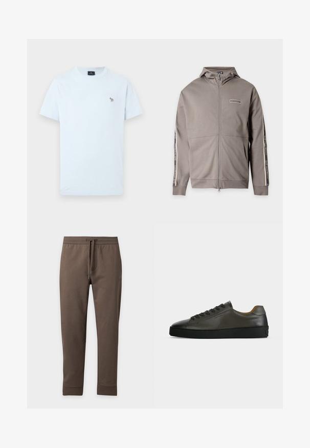 Veste marron clair à capuche avec fermeture éclair intégrale, poches avant et logo EA7 imprimé sur la poitrine et les manches.; T-shirt blanc à manches courtes avec col rond, petit logo zèbre multicolore brodé sur le côté gauche de la poitrine.; Pantalon de survêtement marron fuselé avec taille élastique et cordon, présenté à plat sur un fond clair.; Basket basse en cuir gris foncé avec lacets et semelle noirs, design minimaliste, profil latéral sur un fond clair uni.