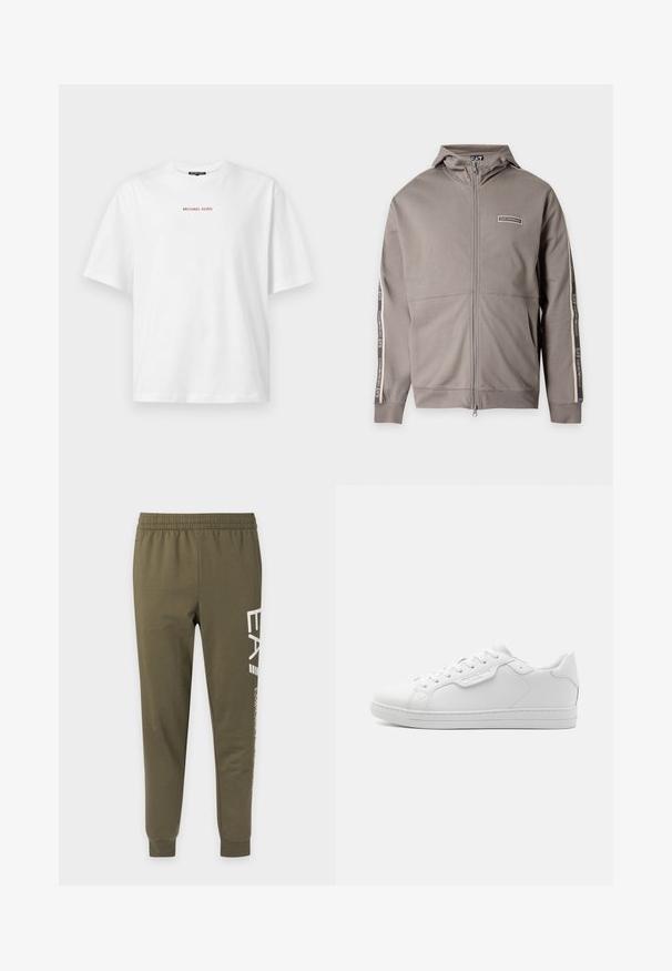 Veste marron clair à capuche avec fermeture éclair intégrale, poches avant et logo EA7 imprimé sur la poitrine et les manches.; T-shirt blanc à manches courtes avec col rond, avec un petit texte rouge "MICHAEL KORS" centré sur la poitrine.; Pantalon de jogging vert olive avec ceinture et poignets élastiques, avec texte blanc vertical sur la jambe droite.; Baskets en cuir blanc avec un bout arrondi, six œillets, lacets plats et un design minimaliste. Présente un petit logo sur le côté.