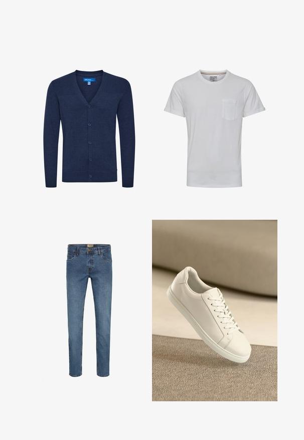 Navyblauwe cardigan van gebreide stof met een V-hals, ribbelontwerp op de schouders, knoopsluiting aan de voorkant en aansluitende ribbelboorden en onderkant.; Witte T-shirt met korte mouwen, ronde hals en een borstzak. Gemaakt van een zachte stof, met opgerolde mouwen en een relaxte pasvorm.; Blauwe denim jeans met een slim fit, vijf zakken, een knoop- en ritssluiting en contrasterende stiksels. Gladde textuur met een vervaagd uiterlijk.; Witte leren sneaker met witte veters, weergegeven op een beige textuurovervlak en een zacht vervaagd achtergrond.