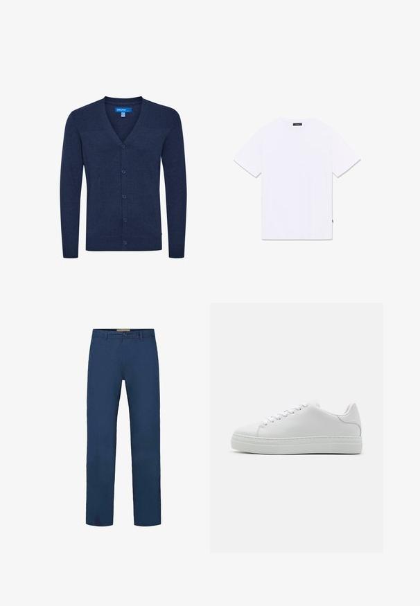 Cardigan bleu marine en tricot avec un col en V, un design à épaules côtelées, une fermeture à boutons sur le devant et des poignets et un ourlet côtelés ajustés.; T-shirt blanc à manches courtes et col rond, présenté à plat de dos, avec une petite étiquette noire à l'encolure et à la couture latérale.; Pantalon en coton bleu marine avec une coupe droite, doté d'une fermeture à boutons à l'avant et de poches latérales visibles. Texture lisse.; Baskets en cuir blanc avec une semelle plateforme imposante, bout rond et six œillets. Texture lisse avec de subtiles détails de couture.