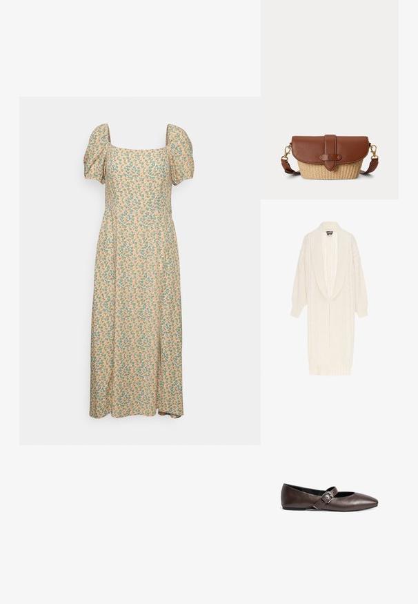 Lang cremefarvet kabelstrikket cardigan med bredt sjalskrave og ribstrikkede ærmeafslutninger og kant, med et struktureret mønster på ærmer og front.; Even&Odd by Zalando Hverdagskjole - green/pink; Brune læder flade sko med rund tå og en justerbar spænde rem over midtfoden. Glat tekstur og minimalistisk design.; Brun læder og flettet stråskuldertaske med klaplåg og justerbar rem med guldtonet spænde.