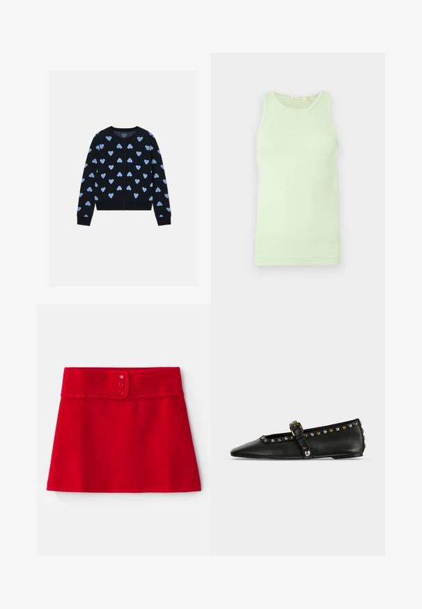 Sort cardigan med lyseblå hjertermønstre, rund halsudskæring og knaplukning, med ribstrikkede manchetter og talje.; Ærmeløs lysegrøn tanktop med rund halsudskæring, glat stof og diskret logodetalje ved nederste kant.; Rød A-line nederdel lavet af glat stof med en bred talje og tre lyserøde knapper samt en kantet nederste kant.; Sort, spids flad sko med rem, guld- og sølvnitter langs kanten og et dekorativt metalspænde på lys baggrund.