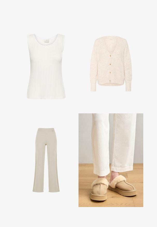 Cardigan rose clair fait de tissu tricoté doux, avec un col en V, cinq boutons en bois et des poignets et un ourlet côtelés.; Top sans manches blanc avec une texture côtelée, un col rond et une délicate bordure en dentelle agrémentée d'un nœud au centre.; Pantalons larges beige avec une texture en ribbed lisse, taille élastique et sans ornements visibles, offrant une silhouette décontractée.; Chaussons en suède beige avec une douce doublure en fausse fourrure crème et une semelle épaisse. Portés avec un pantalon en corduroy blanc à côtes, laissant entrevoir la peau au-dessus des chevilles.