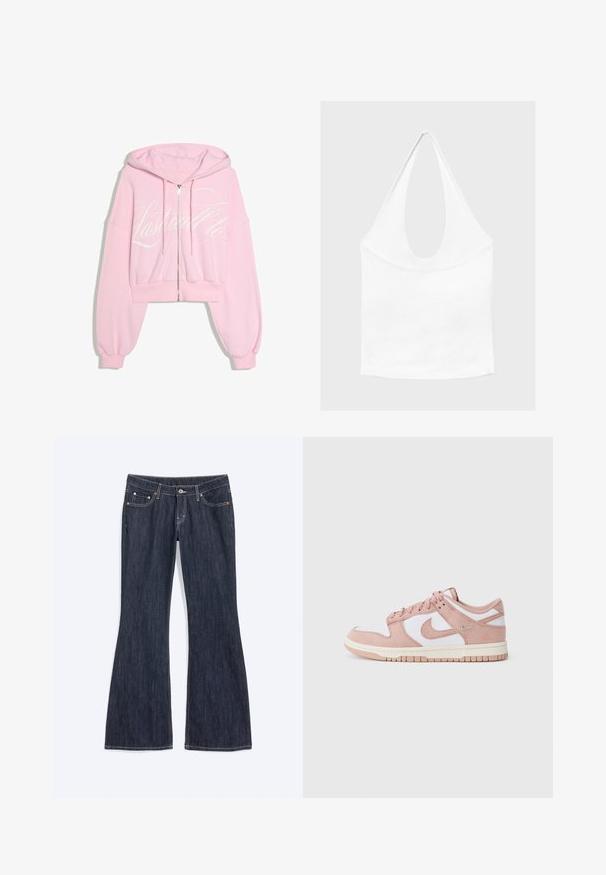 Lichtroze cropped hoodie met rits aan de voorkant, capuchon met trekkoord, lange opgeblazen mouwen, geribde boorden en witte cursieve tekst over de borst.; Witte mouwloze haltertop met diepe ronde hals en aansluitende taille, getoond tegen een effen lichte achtergrond.; Donkerblauwe denim jeans met een lichte uitlopende pijp onderaan, met voorzakken, een knoop en zichtbare stiksel details.; Sneaker heeft een bovenwerk van zacht roze suede, witte leren panelen en een gestructureerde rubberen zool. Opvallend swoosh-logo aan de zijkanten, vetersluiting.