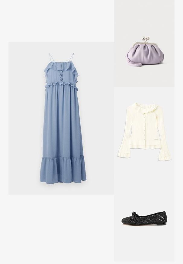 Valge ribiline pluus rippuva kaelusega, pikkade lehvivate varrukatega ja dekoratiivsete nööpidega ees; hemmi ääres on peene logodetail.; Hofmann Copenhagen CECILY - Maksikleit - lavender blue; Must musta kingad, millel on kudumisest valmistatud ülemine osa, millel on sõlme aktsent varvaste juures. Siledal tallal on ümmargune varvaste kuju ja avatud kudumise disain.; Pehme lavendlivärvi käekott volditud kangaga, hõbedase kiss-lock-klambri ja sobiva randmerihmaga, ühtlasel heledal taustal.