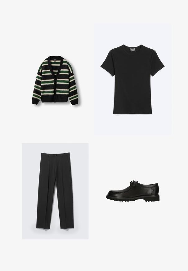 Sort cardigan med grønne og hvide striber. Lavet af blødt materiale, med dyb V-udskæring, knaplukning og lange ærmer.; Enkel sort t-shirt med korte ærmer og rund hals med et Weekday-mærke inde i kraven, vist på en hvid baggrund.; Sorte skræddersyede bukser med forreste plisseringer, sidelommer, bæltestropper og knaplukning ved linningen på en lys baggrund.; Sorte lædersko med rund tå, snøredetaljer og en tekstureret sål med godt greb. Den glatte finish forbedrer det samlede design.