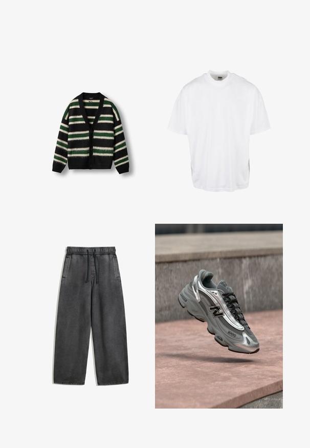 Sort cardigan med grønne og hvide striber. Lavet af blødt materiale, med dyb V-udskæring, knaplukning og lange ærmer.; Hvid bomulds T-shirt med en afslappet pasform, korte ærmer og rund halsudskæring, med en lige kant og ingen synlige grafikker eller mønstre.; Mørkegrå brede bukser med elastisk talje, justerbar snor og sidelommer. Materialet har en glat tekstur.; Grå og sølvfarvet New Balance-sneaker mærket "1000", der svæver over en rosafarvet stenet overflade med en grå stenvæg i baggrunden.