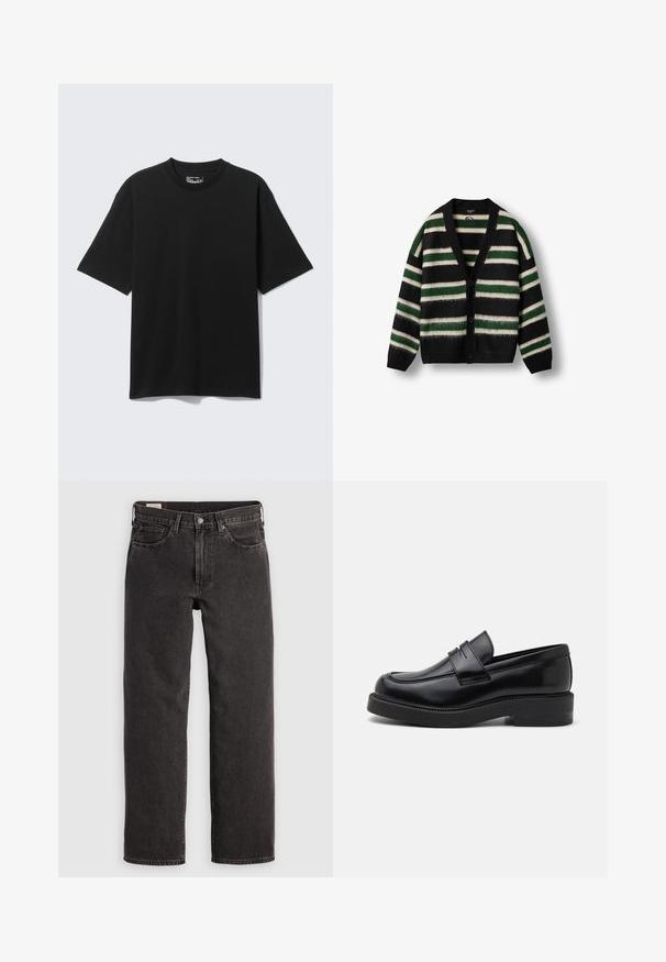Cardigan noir avec un motif rayé vert et blanc. Fabriqué dans un matériau doux, avec un décolleté en V profond, un bouton de fermeture et des manches longues.; T-shirt noir à manches courtes, coupe décontractée avec col rond, présenté à plat sur fond gris clair.; Jeans en denim noir avec une coupe droite, cinq poches et des tringles métalliques. Le tissu présente une légère texture et une finition unie.; Mocassin en cuir noir avec un bout arrondi, des coutures décoratives à l'avant et une semelle en caoutchouc épaisse. Texture lisse avec une finition brillante.