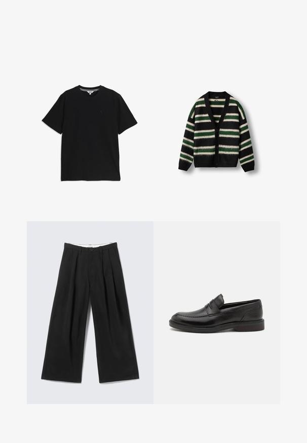 Cardigan noir avec un motif rayé vert et blanc. Fabriqué dans un matériau doux, avec un décolleté en V profond, un bouton de fermeture et des manches longues.; T-shirt noir à manches courtes et col rond, avec un petit logo brodé sur le côté gauche de la poitrine et une étiquette intérieure rayée au niveau du col.; Pantalon noir à jambes larges avec plis, passants pour ceinture et fermeture par bouton, présenté sur un fond gris clair.; Mocassins en cuir noir avec un détail de couture à l'avant, deux sangles horizontales sur le dessus, et un talon en bois. Texture lisse et forme arrondie.