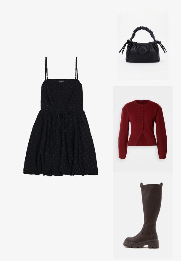 Burgundy strikket cardigan med lange ærmer, rund halsudskæring, lukning med knapper foran og en let udflare ved taljen for en skræddersyet silhuet.; Even&Odd by Zalando Cocktailkjole / festkjole - black; Høj mørkebrun knæhøj støvle med chunky sål og trækflapper i toppen, designet til en robust og stilfuld pasform.; Sort taske med krokodilletekstur, rynket øverste kant, samlet hank og snore med kvaster på hver side mod en hvid baggrund.
