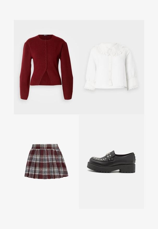 Burgundy strikket cardigan med lange ærmer, rund halsudskæring, lukning med knapper foran og en let udflare ved taljen for en skræddersyet silhuet.; Hvid babybluse med lange ærmer, bølget blondekrave og manchetter, knapper foran og let opsamlede ærmer.; Rød og sort ternet plisseret nederdel med et struktureret stof. Har en tætsiddende talje og et svungent design med skiftende hvide og grønne linjer.; Monki Loafers - black dark