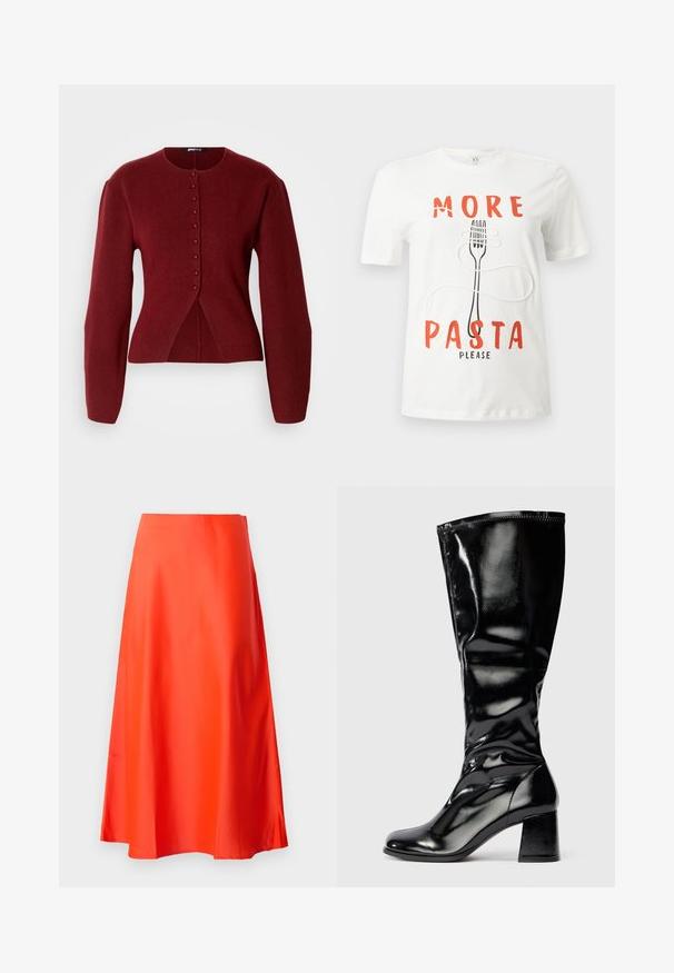Burgundy strikket cardigan med lange ærmer, rund halsudskæring, lukning med knapper foran og en let udflare ved taljen for en skræddersyet silhuet.; Hvid T-shirt med rød tekst "MERE PASTA TAK" og en sort gaflegrafik viklet med hvide pastanudler.; Rød satin midi-nederdel med en glat tekstur, A-line silhuet og en subtil flare ved kanten. Ingen synlige mønstre eller pynt.; Sorte blanke knæhøje støvler med blokhæl og rundt tå, glat skinnende overflade, let struktureret detalje på hælen og overdelen.