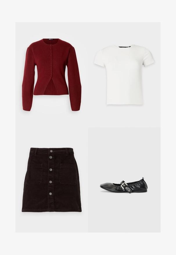 Cardigan en tricot bourgogne avec des manches longues, un col rond, une fermeture à boutons sur le devant, et une légère évasement à la taille pour une silhouette ajustée.; T-shirt blanc à manches courtes en maille côtelée avec col rond, présenté sur un fond uni gris clair.; Jupe en velours côtelé marron au design cintré, avec fermeture à boutons sur le devant, deux poches latérales et une texture côtelée verticale sur l'ensemble.; Chaussure plate en cuir noir avec un nez pointu, des détails froncés autour de l'ouverture et un accent en boucle argentée sur la bride ajustable.