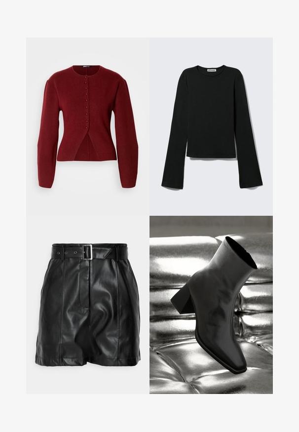 Burgundy strikket cardigan med lange ærmer, rund halsudskæring, lukning med knapper foran og en let udflare ved taljen for en skræddersyet silhuet.; Sort langærmet rundhalset skjorte med en figursyet silhuet og let udvidede ærmer, mærket med "Weekday" brandetiketten ved halsudskæringen.; Sorte lædershorts med en glat overflade, høj talje og et bredt bælte med en rektangulær sølvspænde. Plisseret design foran.; Sorte ankelstøvler lavet af glossy materiale med firkantet tå og spidse hæle, sat mod en skinnende sølv tuftet baggrund.