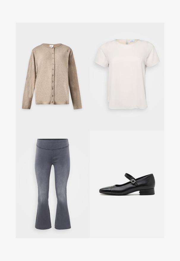 Beige langærmet cardigan med knapper, rund halsudskæring samt ribkant ved ærmer og i kanten, vist på ensfarvet baggrund.; Kortærmet, rundhalset top i lys beige stof med en glat tekstur; har en nøglehulsdetalje på ryggen og en afslappet pasform.; Grå flagrende bukser med en bred talje. Glat stof med en let glans, der falmer fra mørkt i toppen til lysere mod bunden.; Sorte læder Mary Jane-sko med en patenttå, justerbar ankelrem og lav blokhæl. Glat tekstur og strømlinet design.