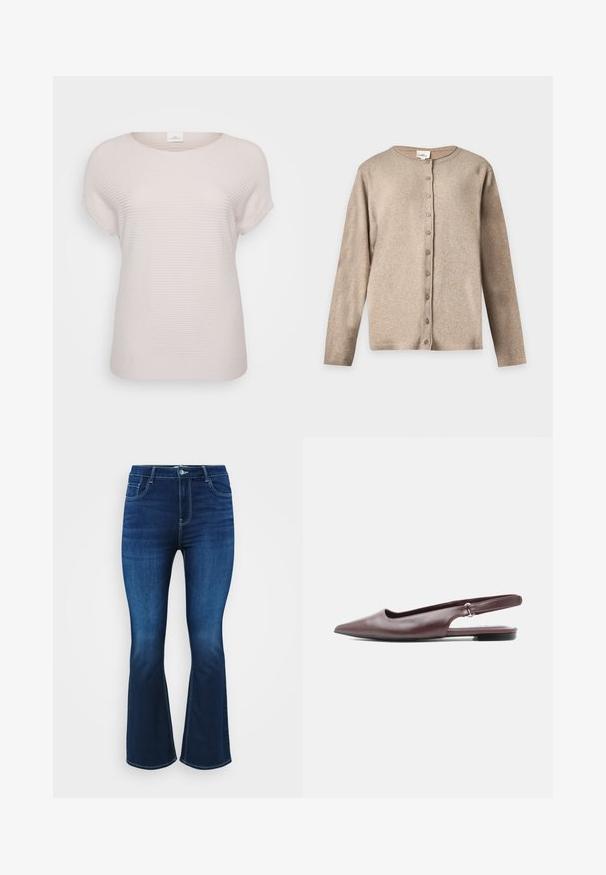 Beige langærmet cardigan med knapper, rund halsudskæring samt ribkant ved ærmer og i kanten, vist på ensfarvet baggrund.; Lys beige ribbet t-shirt med korte ærmer, der har en rund halsudskæring og en afslappet pasform, lavet af blødt, struktureret stof.; Mørkeblå bootcut jeans lavet af denim, med fem lommer, lynlås og knaplukning samt kontrastsyninger langs sømmene.; Bourgognefarvet spids tå slingback flad sko med lav hæl og justerbar rem på hvid baggrund.