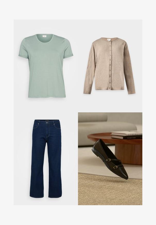 Beige langærmet cardigan med knapper, rund halsudskæring samt ribkant ved ærmer og i kanten, vist på ensfarvet baggrund.; Lys grøn kortærmet T-shirt lavet af blødt stof med rund halsudskæring og op-rullede ærmer. Glat tekstur, let afslappet pasform.; Mørkeblå denim jeans med lige pasform, der har en lynlås, fem lommer og synlige syninger.; Sort flad sko med spids snude og to tynde remme med spænder, der svæver over et beige tæppe, med et bord i træ og bøger i baggrunden.