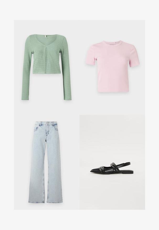 Cárdigan corto de crochet verde claro con mangas largas, cierre de un solo botón en el pecho y escote amplio.; Camiseta de manga corta en rosa claro con tejido acanalado, cuello redondo y diseño ajustado. La tela tiene una textura suave y detalles mínimos.; Jeans de pierna ancha de color azul claro, hechos de mezclilla, con una cintura alta, trabillas para el cinturón, cinco bolsillos y áreas desteñidas para un aspecto vintage.; Even&Odd Bailarinas con tira trasera - black