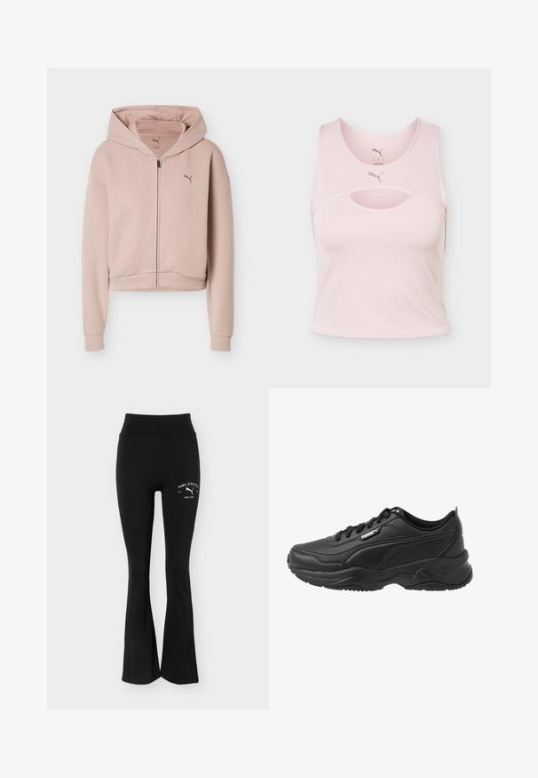 Sweat à capuche court rose clair avec manches longues, fermeture éclair frontale, capuche et petit logo Puma sur la poitrine.; Crop top de sport sans manches rose clair avec encolure arrondie, détail découpé et logo Puma au centre devant et à l’intérieur du col.; Pantalon de sport noir évasé avec taille haute et logo blanc Puma Athletics sur la partie supérieure de la cuisse.; Chaussures de sport noires en cuir lisse, avec un col rembourré, un bout rond, des lacets et le logo Puma sur le côté.