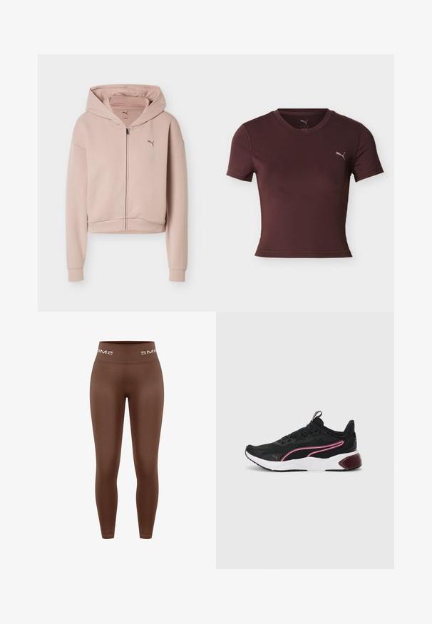 Sweat à capuche court rose clair avec manches longues, fermeture éclair frontale, capuche et petit logo Puma sur la poitrine.; T-shirt de sport bordeaux à manches courtes, cintré, avec col rond et petit logo Puma sur le côté gauche de la poitrine sur fond blanc.; Leggings marron taille haute avec une texture lisse, dotés d'une ceinture tricotée portant le logo "SMIMS" en blanc, coupe ajustée, longueur totale.; Baskets de sport noires avec une tige en mesh, accents roses, semelle intermédiaire blanche et semelle en caoutchouc. Dotées d'un design à lacets sécurisé et d'un col rembourré.