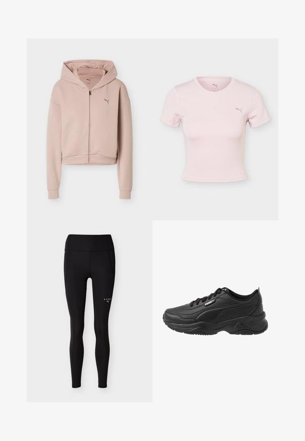 Sweat à capuche court rose clair avec manches longues, fermeture éclair frontale, capuche et petit logo Puma sur la poitrine.; T-shirt court à manches courtes rose clair avec col rond et petit logo Puma sur la poitrine gauche.; Leggings noirs ajustés à taille haute avec des coutures latérales et un petit logo blanc "HYROX" et Puma sur la partie supérieure de la cuisse.; Chaussures de sport noires en cuir lisse, avec un col rembourré, un bout rond, des lacets et le logo Puma sur le côté.