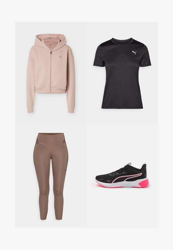 Sweat à capuche court rose clair avec manches longues, fermeture éclair frontale, capuche et petit logo Puma sur la poitrine.; T-shirt de sport noir à manches courtes, col rond, avec un logo blanc sur la poitrine. Texture lisse et coupe ajustée.; Leggings de sport marron en tissu lisse et extensible avec une taille haute. Présente un petit logo noir au bas de la jambe gauche.; Chaussures de sport noires avec une tige en mesh, des accents roses, une semelle intermédiaire blanche et un logo distinctif. Caractérisées par un design léger et une semelle extérieure texturée.