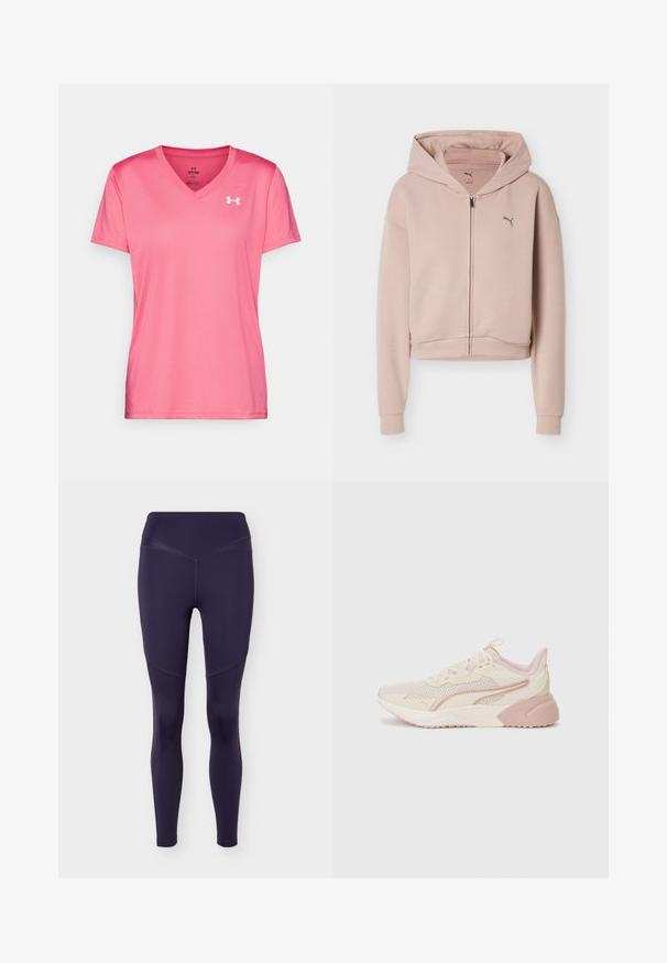 Hellrosa, kurz geschnittenes Kapuzen-Sweatshirt mit Reißverschluss vorne, langen Ärmeln, Kapuze und kleinem Puma-Logo auf der Brust.; Rosa Sport T-Shirt mit V-Ausschnitt, kurzen Ärmeln und einer leichten, glatten Textur. Mit einem weißen Logo auf der oberen linken Seite.; Dunkelblaue, taillenhohe Damen-Leggings mit abgesteppten Einsätzen an den Oberschenkeln, enganliegend bis zum Knöchel, nahtloser Frontbund.; Leichte Sneaker mit einem beige und hellrosa Design, Obermaterial aus Mesh, gepolsterter Sohle und dezenten Logo-Akzenten an der Seite.