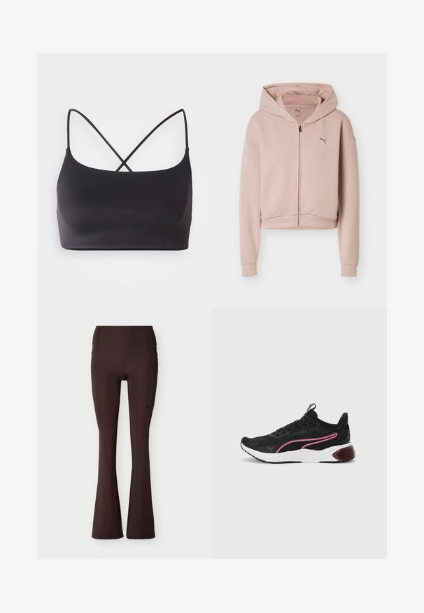 Lys lyserød kort lynlåshoodie med lange ærmer, lynlås foran, hætte og lille Puma-logo på brystet.; Sort bralette med en glat overflade, der har tynde stropper, som krydser hinanden på ryggen for et minimalistisk design.; Mørkebrune, vide atletikleggings med høj talje og lille Puma-logo på øverste venstre lår.; Sorte atletiske sneakers med en mesh-overdel, pink detaljer, hvid mellemsål og gummisål. Har et sikkert snørebånd design og polstret krave.