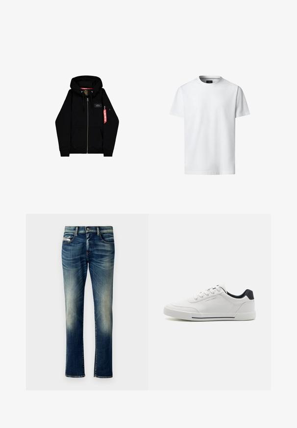 Sudadera con cremallera negra, con un bolsillo tipo canguro, capucha con cordón y un pequeño parche de logo. Presenta una etiqueta roja en una manga y puños de canalé.; Camiseta blanca lisa de manga corta y cuello redondo, mostrada sobre un fondo blanco, vista frontal con etiqueta de marca visible en el interior del cuello.; Jeans de denim azul oscuro con un lavado desgastado, corte recto, costuras contrastantes, cinco bolsillos y un cierre de botón en la cintura.; Zapatillas blancas con una parte superior sintética suave, puntera redonda, diseño de cordones, acento en azul marino en el talón y una suela de goma texturizada con una franja negra.