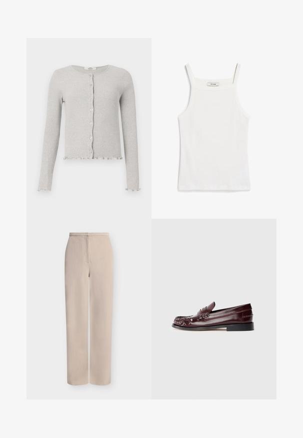 Cardigan en tricot côtelé gris clair avec encolure ronde, boutonnière à l'avant, manches longues et bords à volants à l'ourlet et aux poignets.; Débardeur blanc à fines bretelles, en tissu de coton côtelé, avec un décolleté droit et une finition soignée à l'ourlet.; Pantalon beige à jambes larges en tissu texturé, avec une couture frontale et une taille simple sans ornements.; Mocassin penny en cuir bordeaux avec semelle noire et détail en métal doré sur le dessus, présenté en vue latérale sur fond blanc.