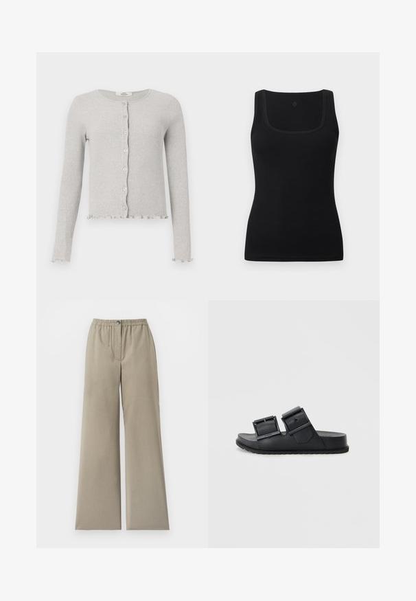 Cárdigan de tejido de punto acanalado en gris claro con cuello redondo, botones en la parte delantera, mangas largas y bordes con volantes en el dobladillo y los puños.; Camiseta ajustada negra de tela suave, con escote cuadrado y tirantes anchos; sin patrones ni adornos visibles.; Pantalones beige de pierna ancha con cintura elástica y cierre de botón, tela lisa, detalle de costura frontal, sobre fondo blanco.; Sandalias de slide negras hechas de un material texturizado con dos correas ajustables que cuentan con hebillas. Suela plana con un diseño de dibujo para mayor agarre.