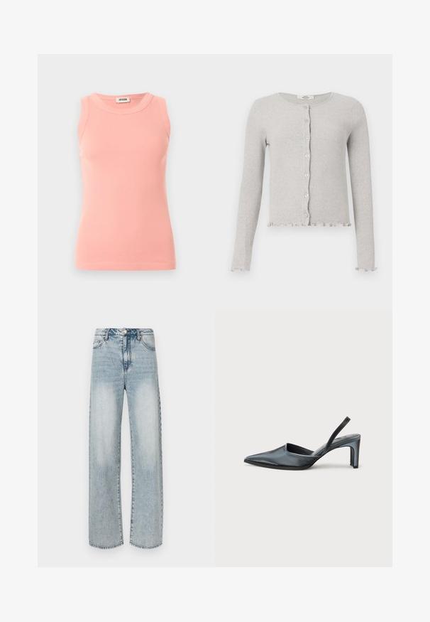 Cardigan en tricot côtelé gris clair avec encolure ronde, boutonnière à l'avant, manches longues et bords à volants à l'ourlet et aux poignets.; Débardeur rose côtelé sans manches avec col rond et étiquette Drykorn à l'arrière du col, présenté sur un fond clair uni.; Jean large couleur bleu clair en denim, doté d'une taille haute, d'un design à cinq poches, d'une texture délavée et de détails de coutures visibles.; Escarpin noir à bride arrière avec un bout pointu, une finition satinée élégante et un talon fin de 7,5 cm. Design latéral ouvert avec des détails de couture minimalistes.