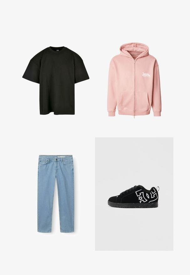 Sudadera con capucha rosa con cremallera, hecha de tela suave, que cuenta con un bolsillo frontal, puños acanalados y un estampado gráfico en el área del pecho izquierdo.; Camiseta negra de corte oversized en suave algodón. Presenta un cuello redondo y mangas cortas, con una textura suave y un diseño minimalista.; Vaqueros de mezclilla azul claro de pierna recta con bolsillos delanteros, trabillas para cinturón y cierre de botón, mostrados sobre un fondo blanco.; Zapatilla negra de perfil bajo con suela negra moteada, cordones negros y gran logo blanco de DC en el lateral y en la cinta del talón.